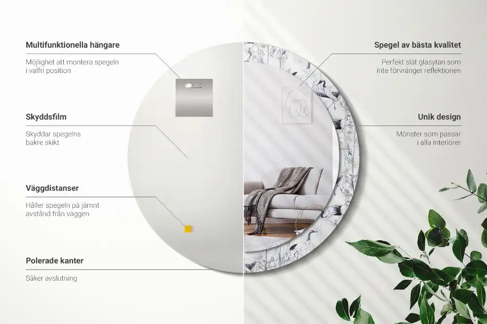 Miroir rond cadre avec impression grues