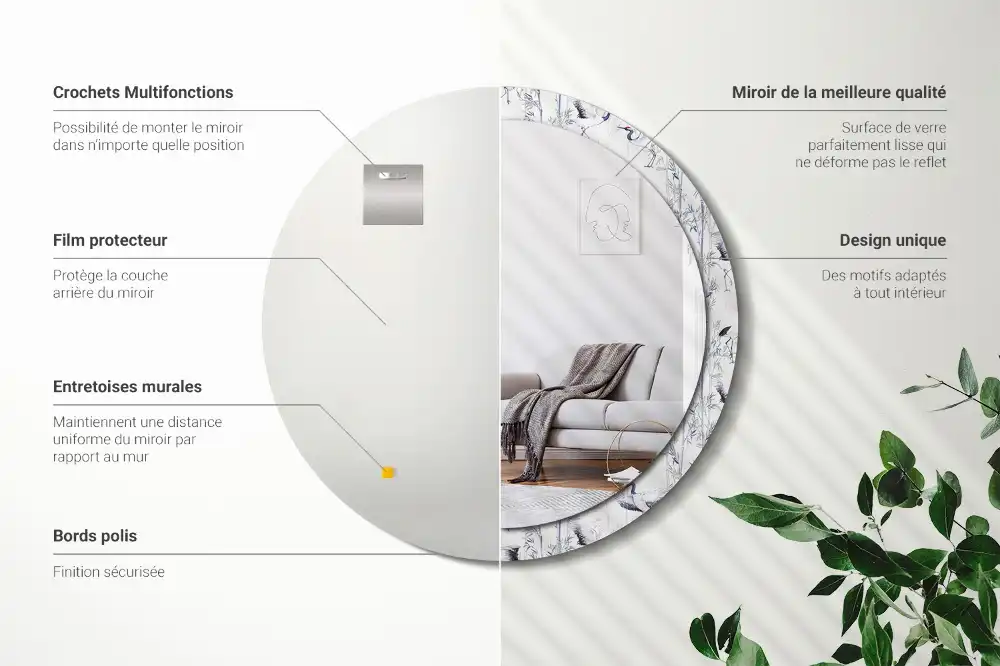 Miroir rond cadre avec impression grues