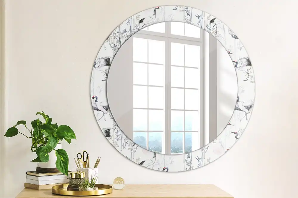 Miroir rond cadre avec impression grues