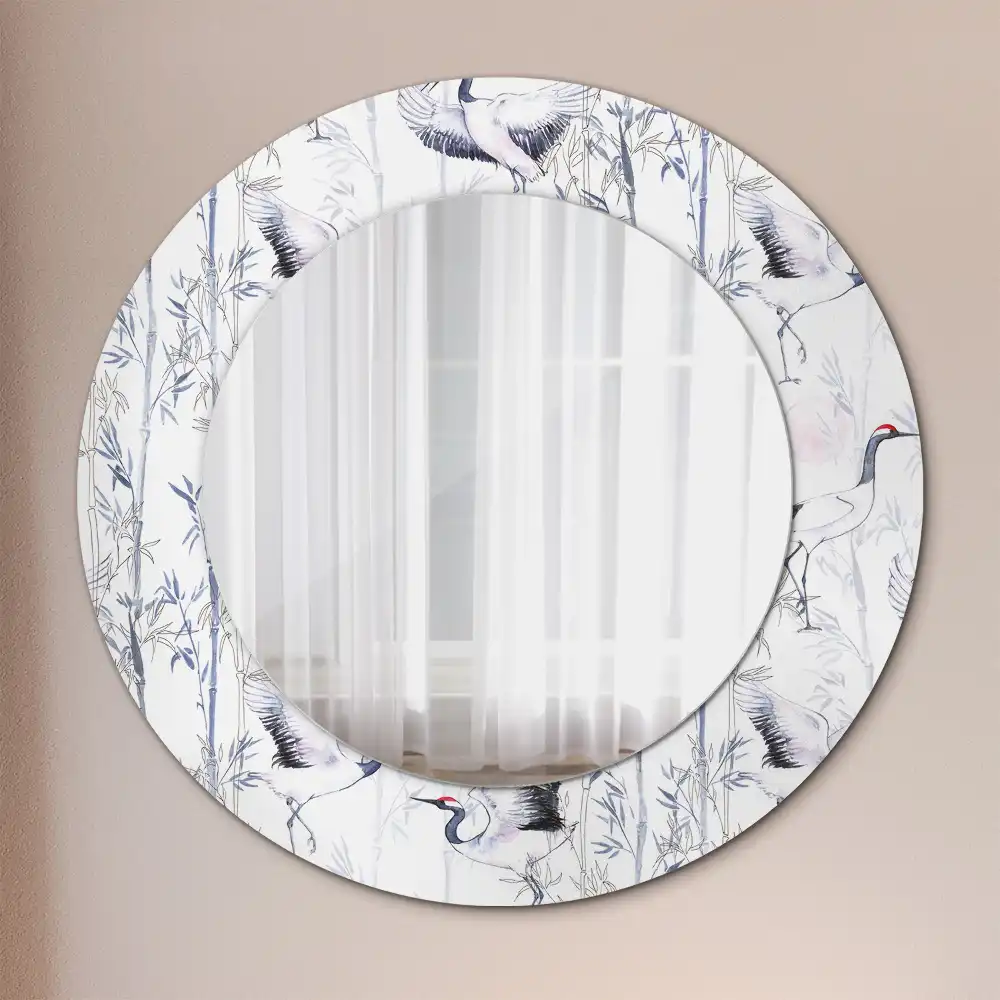 Miroir rond cadre avec impression grues