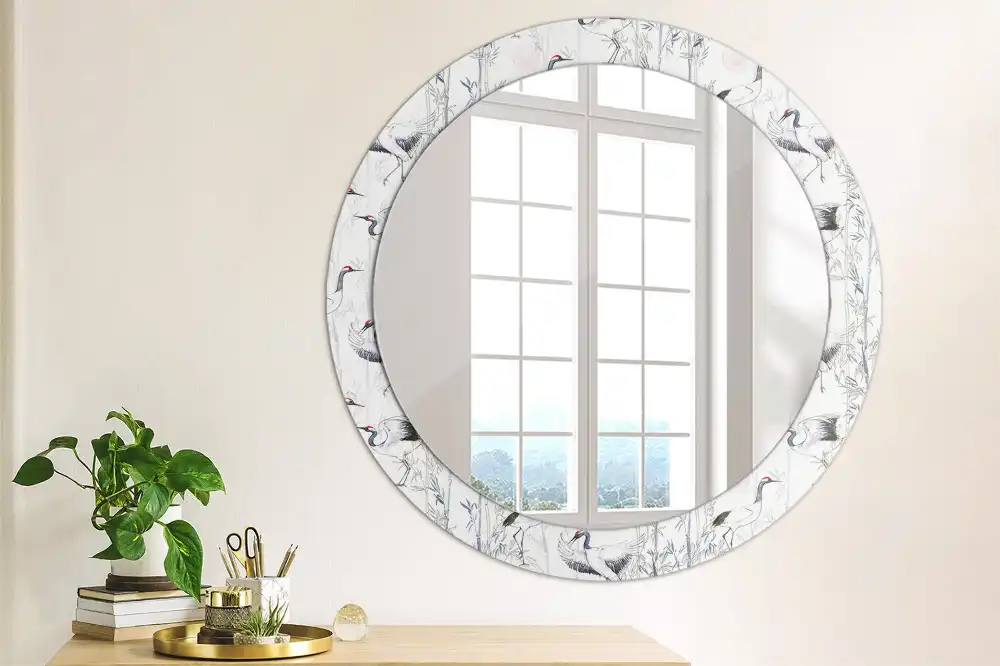 Miroir rond cadre avec impression grues