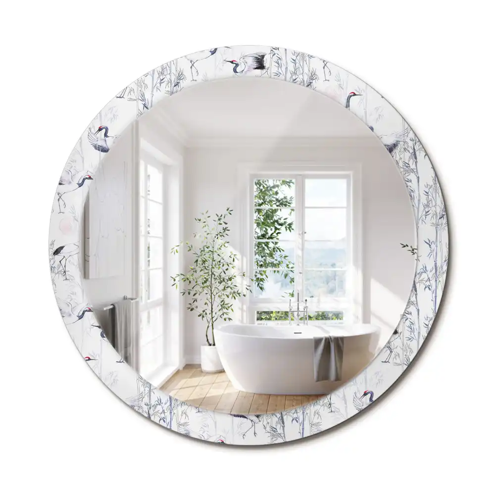 Miroir rond cadre avec impression grues