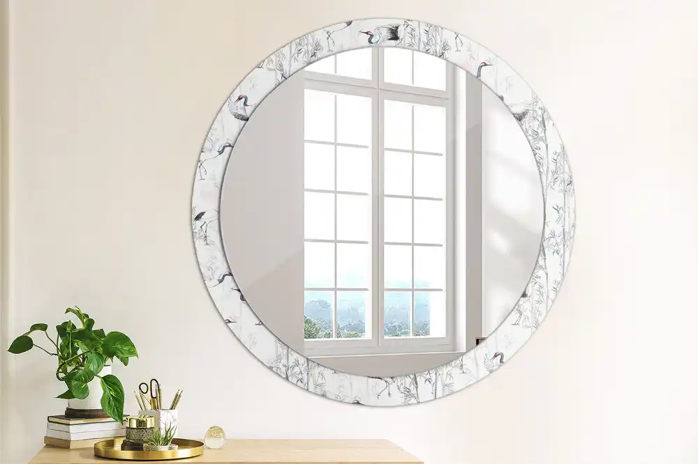 Miroir rond cadre avec impression grues