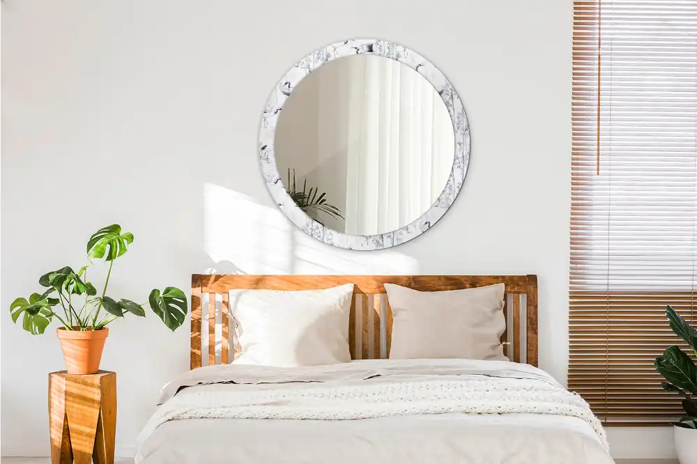 Miroir rond cadre avec impression grues