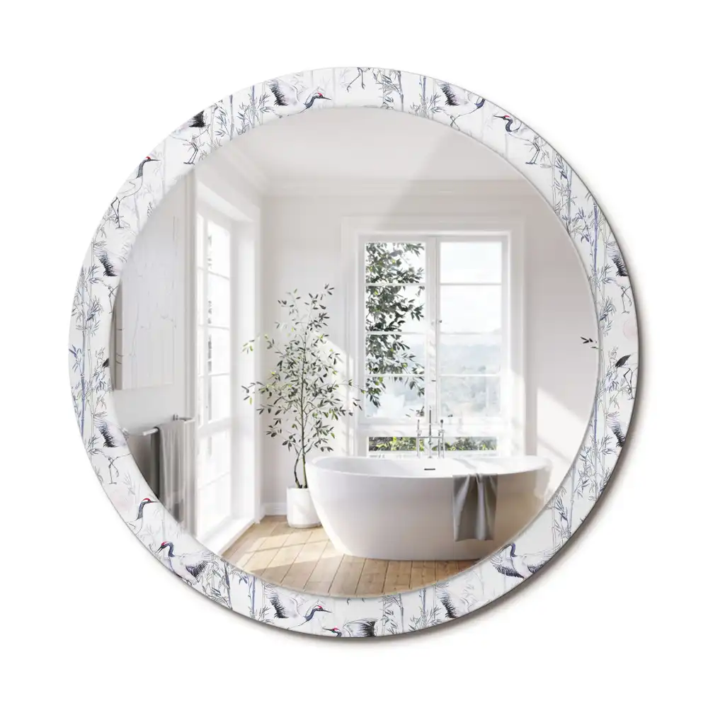 Miroir rond cadre avec impression grues