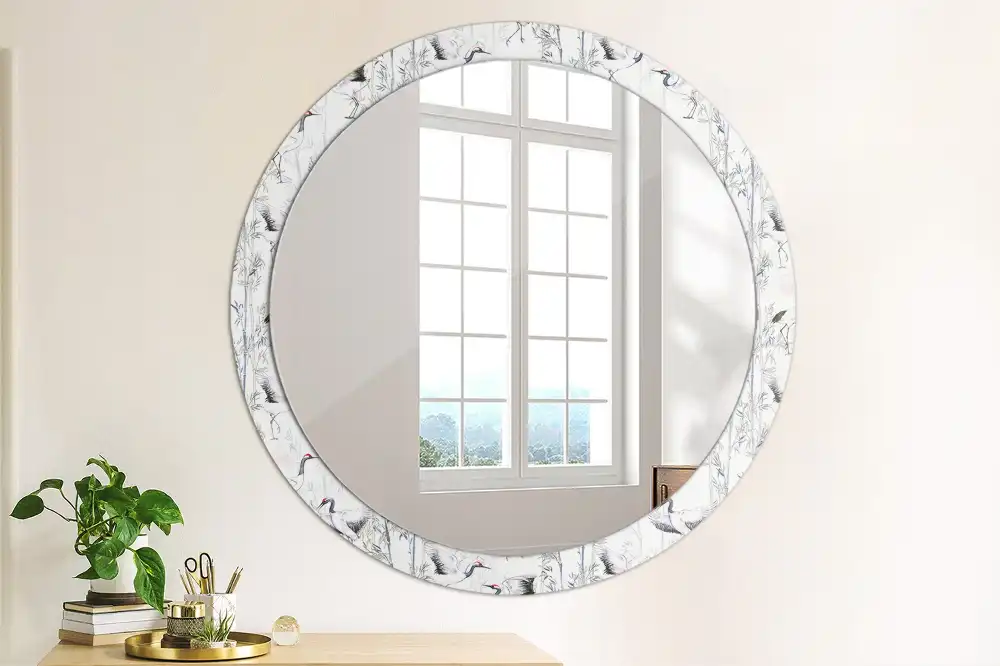 Miroir rond cadre avec impression grues
