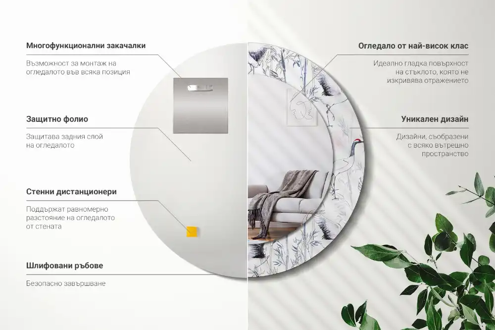 Miroir rond cadre avec impression grues
