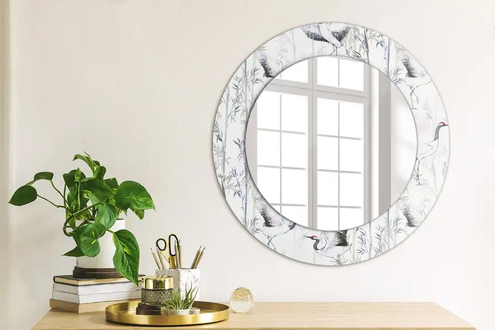 Miroir rond cadre avec impression grues