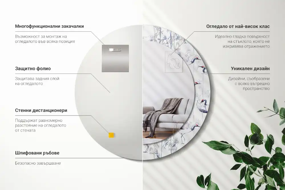 Miroir rond cadre avec impression grues