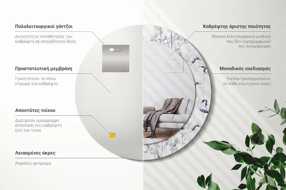 Miroir rond cadre avec impression grues