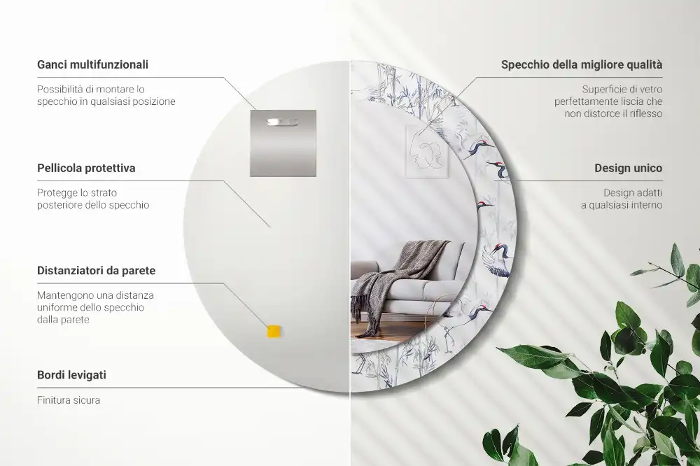 Miroir rond cadre avec impression grues