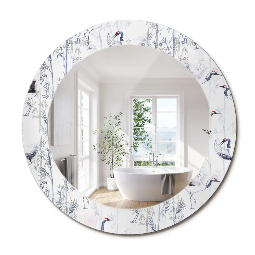 Miroir rond cadre avec impression grues