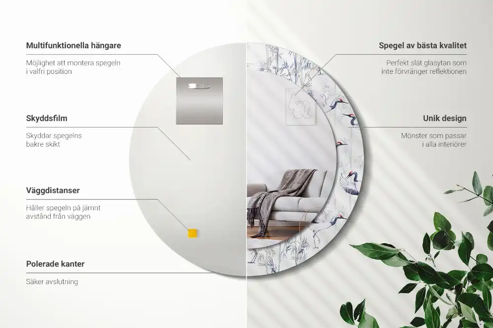 Miroir rond cadre avec impression grues