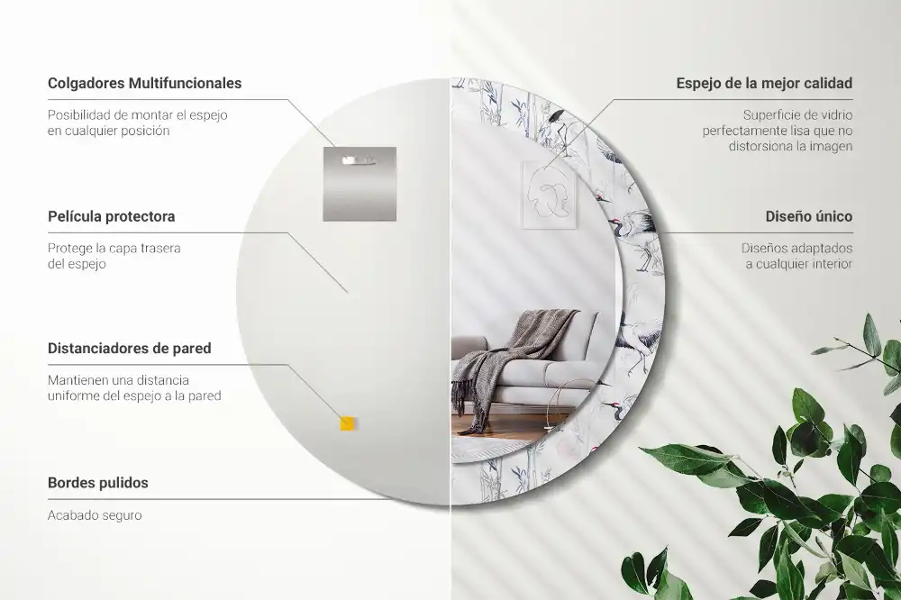 Miroir rond cadre avec impression grues