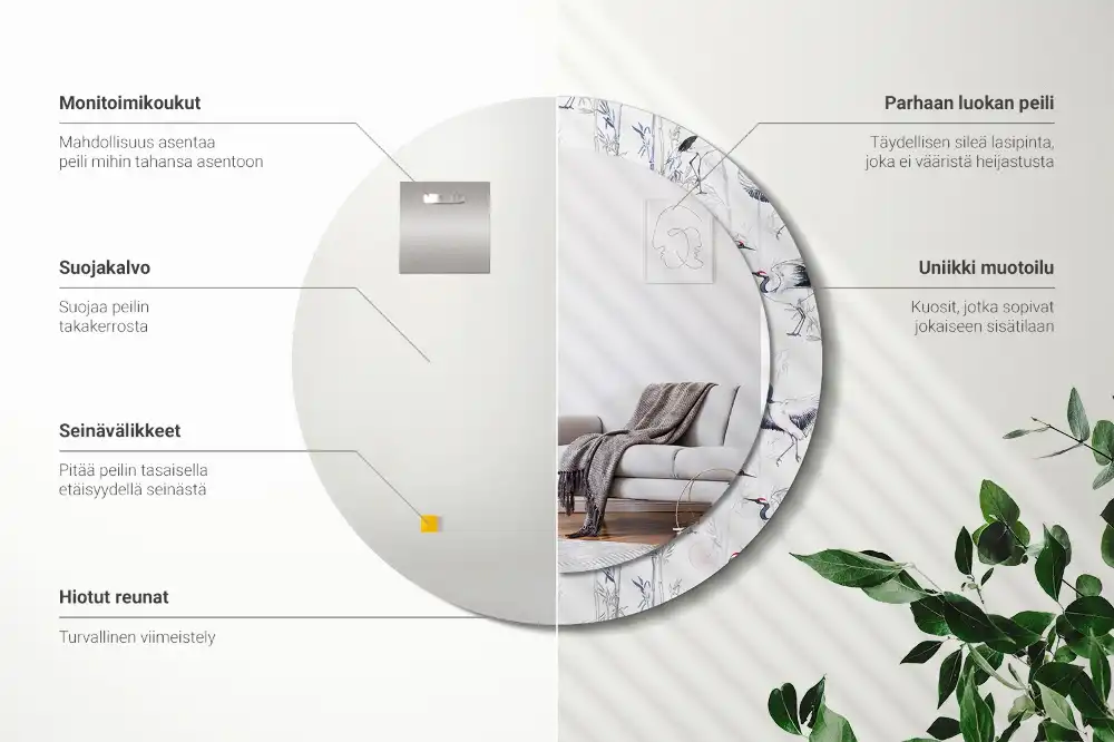 Miroir rond cadre avec impression grues