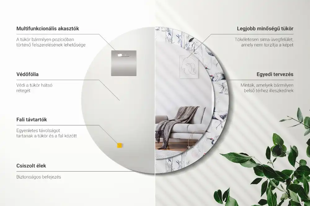 Miroir rond cadre avec impression grues
