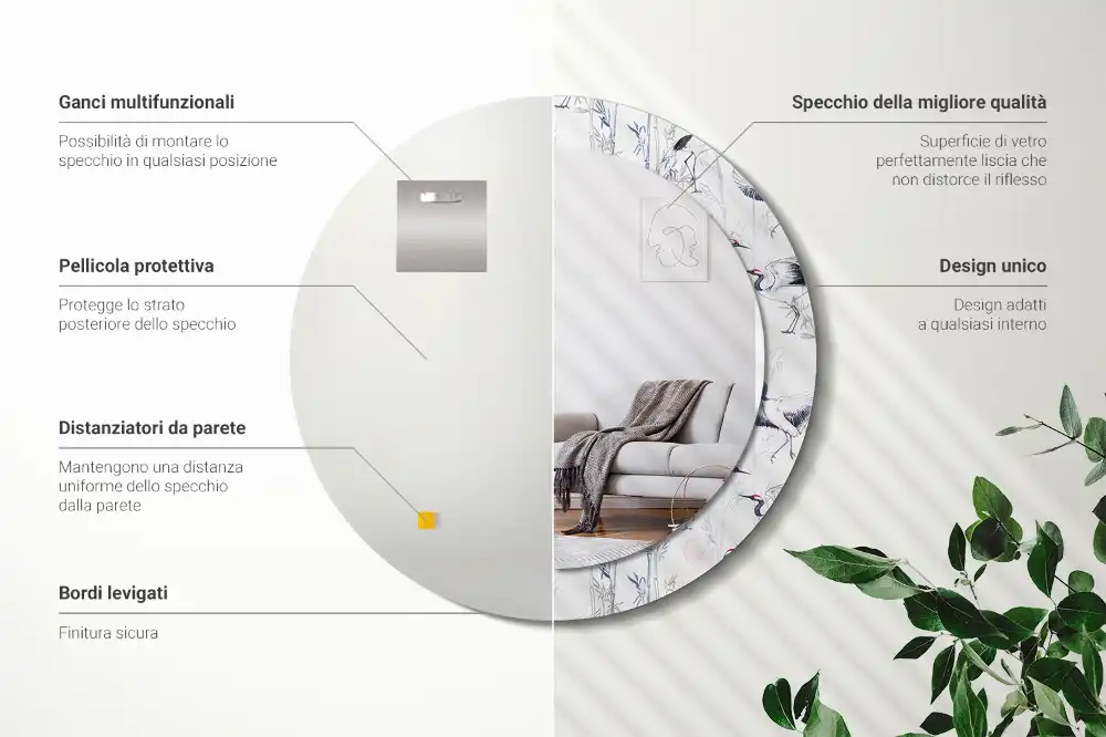 Miroir rond cadre avec impression grues