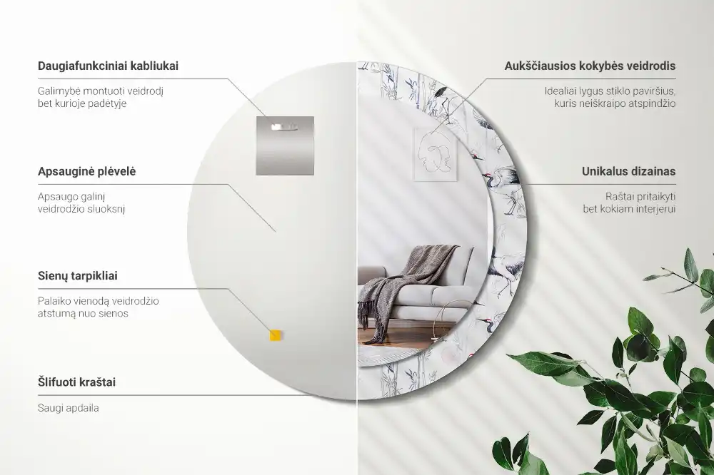 Miroir rond cadre avec impression grues