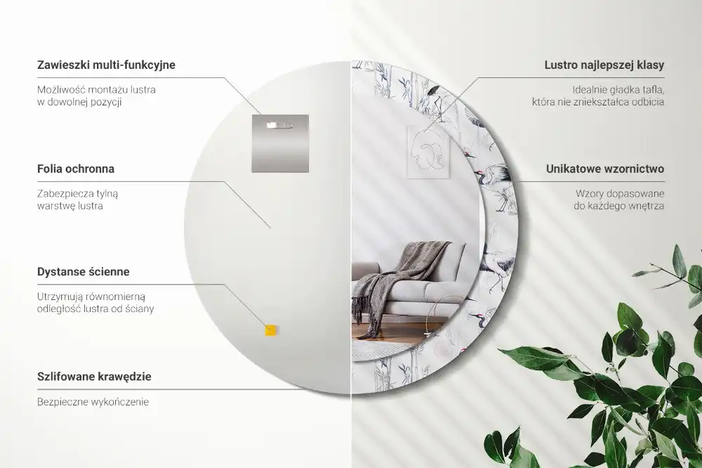 Miroir rond cadre avec impression grues