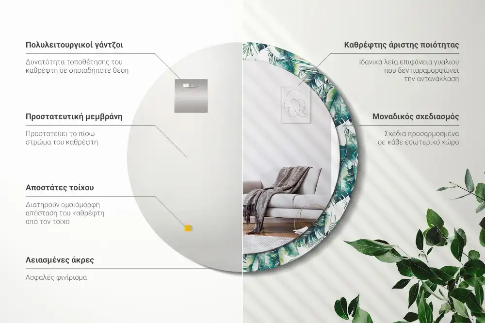 Miroir rond cadre avec impression feuilles