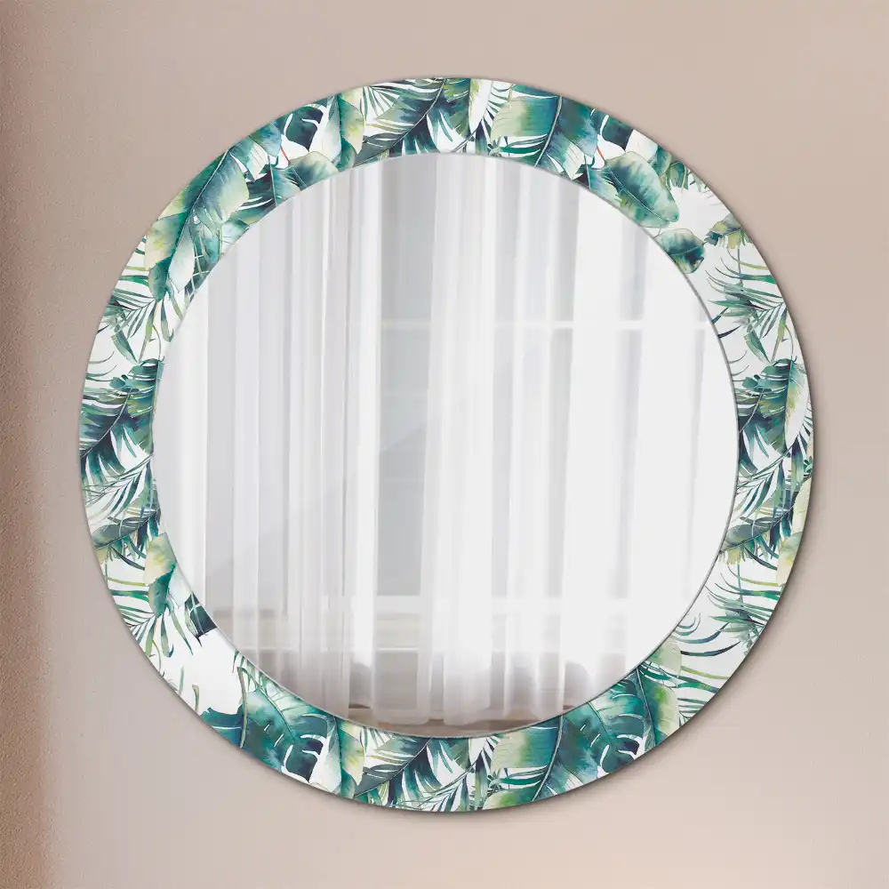 Miroir rond cadre avec impression feuilles