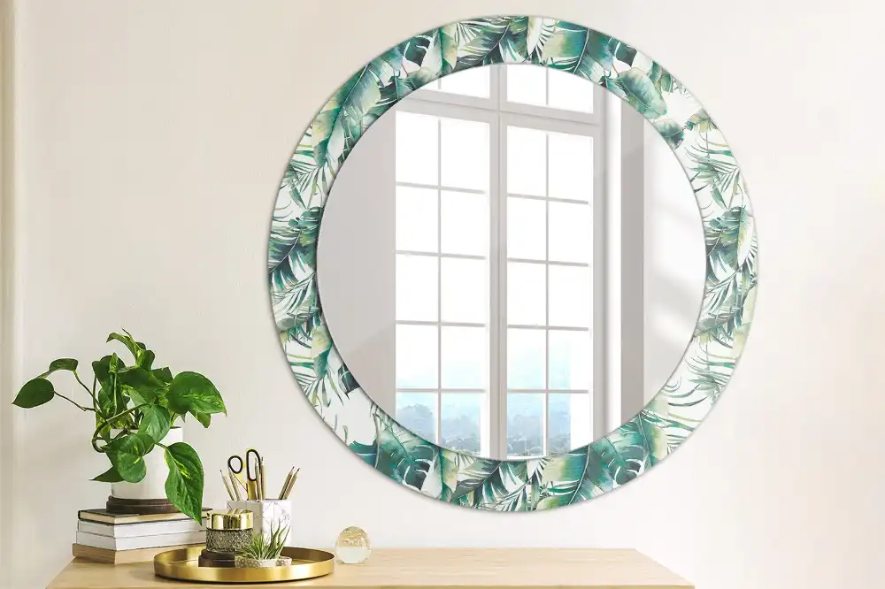 Miroir rond cadre avec impression feuilles