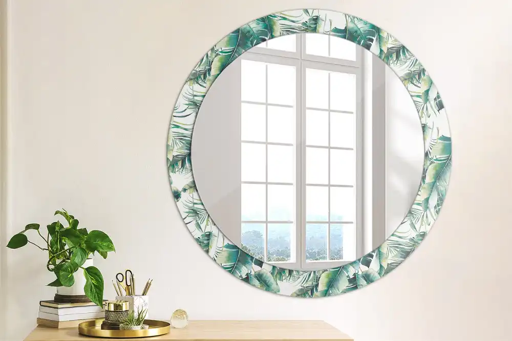 Miroir rond cadre avec impression feuilles