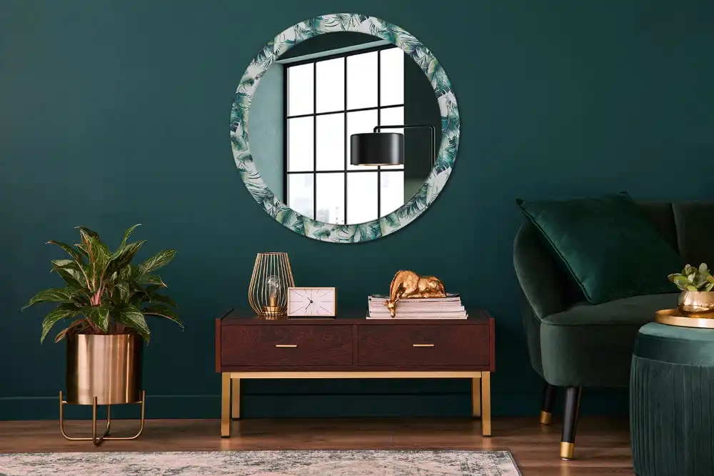 Miroir rond cadre avec impression feuilles