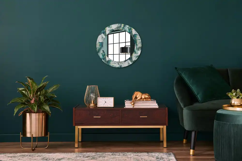 Miroir rond cadre avec impression feuilles
