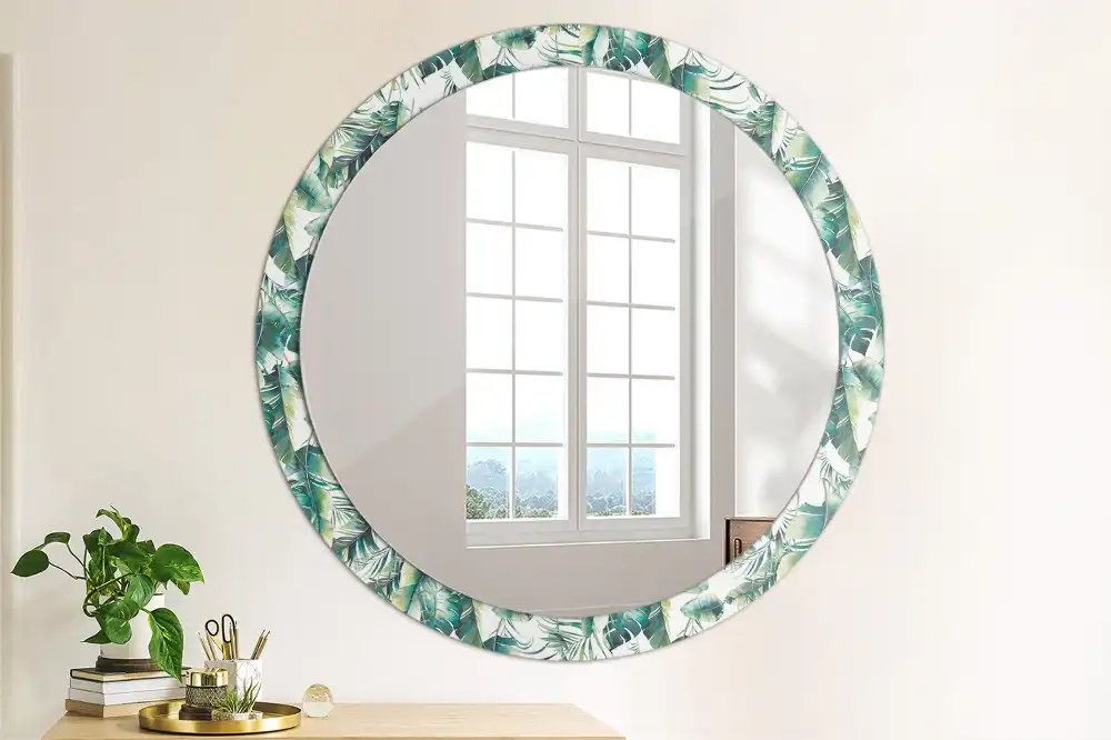 Miroir rond cadre avec impression feuilles