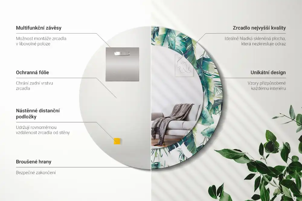 Miroir rond cadre avec impression feuilles