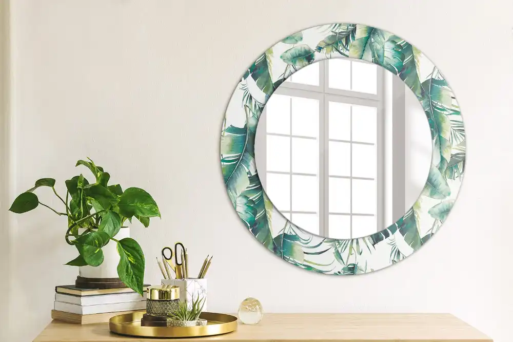 Miroir rond cadre avec impression feuilles