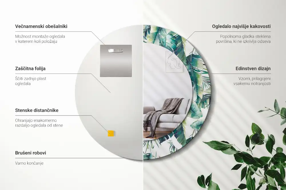 Miroir rond cadre avec impression feuilles