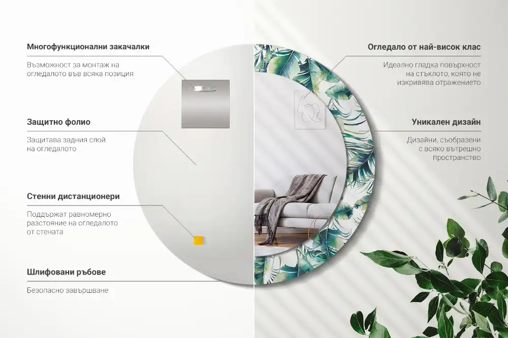 Miroir rond cadre avec impression feuilles