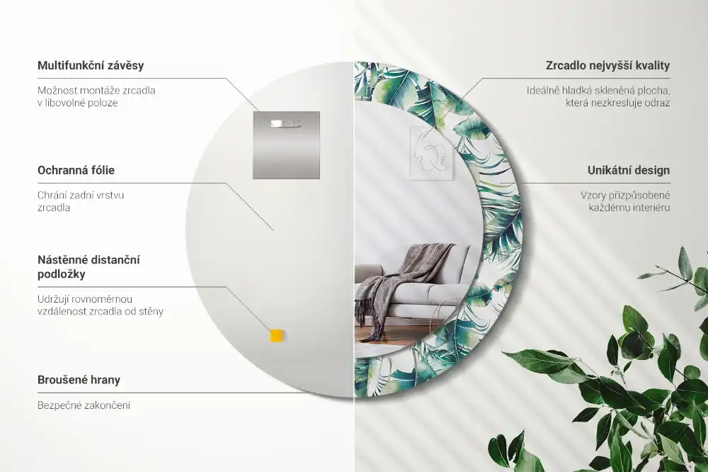 Miroir rond cadre avec impression feuilles