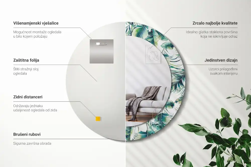 Miroir rond cadre avec impression feuilles