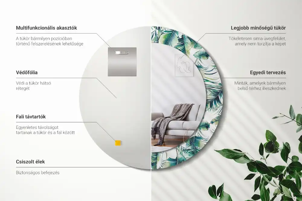 Miroir rond cadre avec impression feuilles