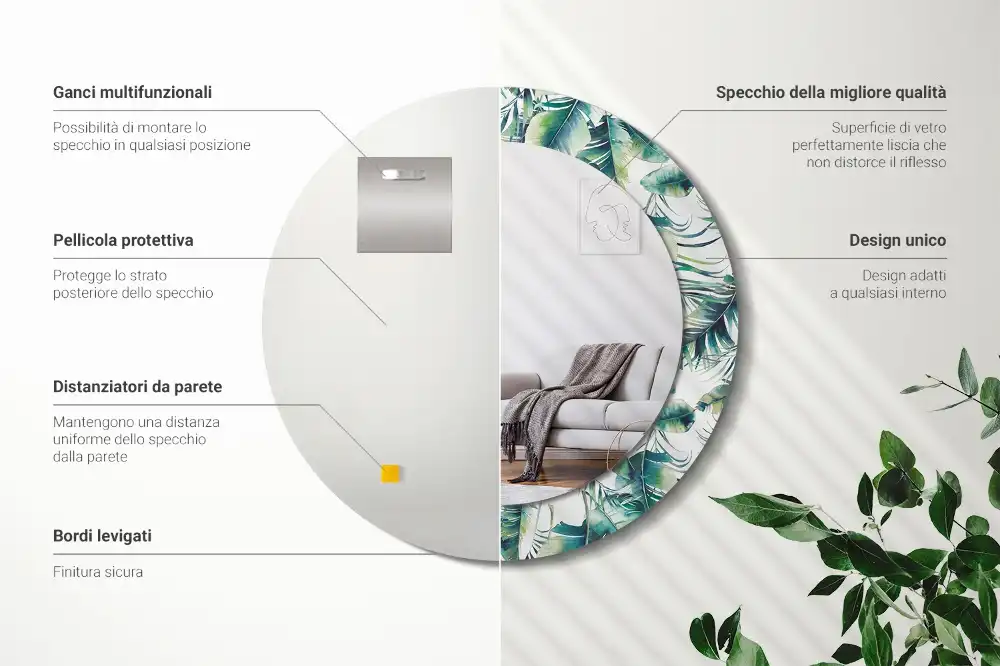 Miroir rond cadre avec impression feuilles