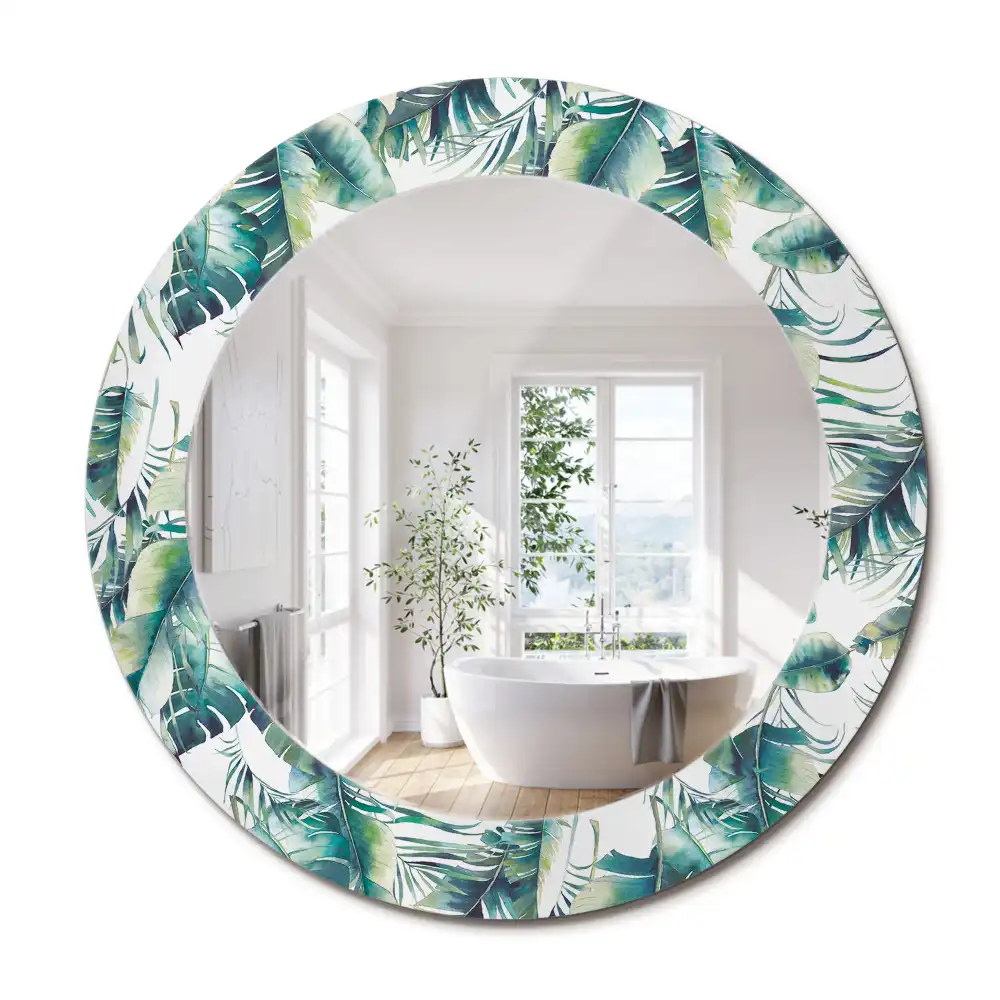 Miroir rond cadre avec impression feuilles