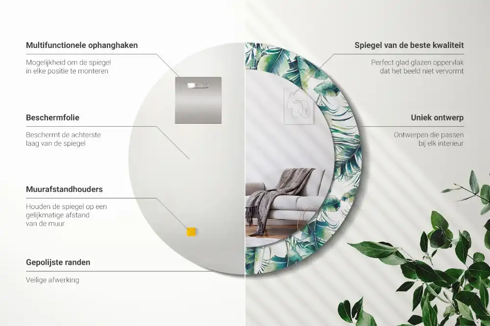 Miroir rond cadre avec impression feuilles