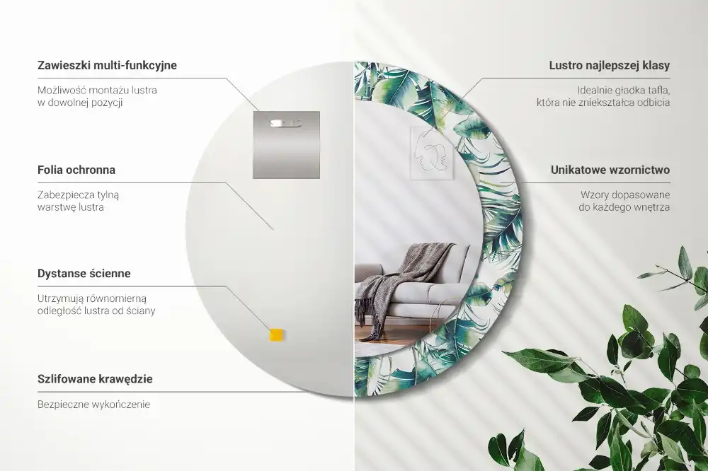Miroir rond cadre avec impression feuilles