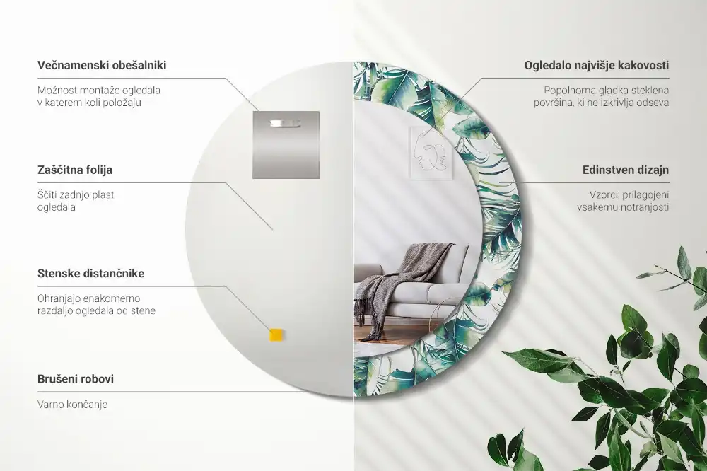 Miroir rond cadre avec impression feuilles
