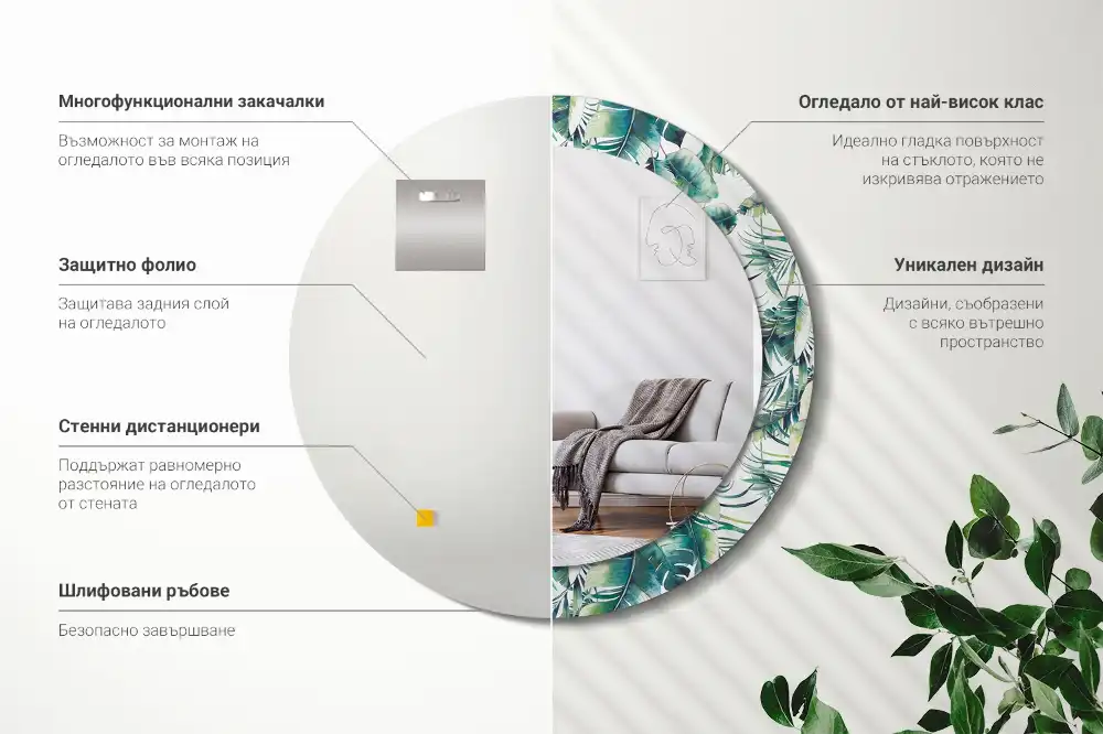 Miroir rond cadre avec impression feuilles