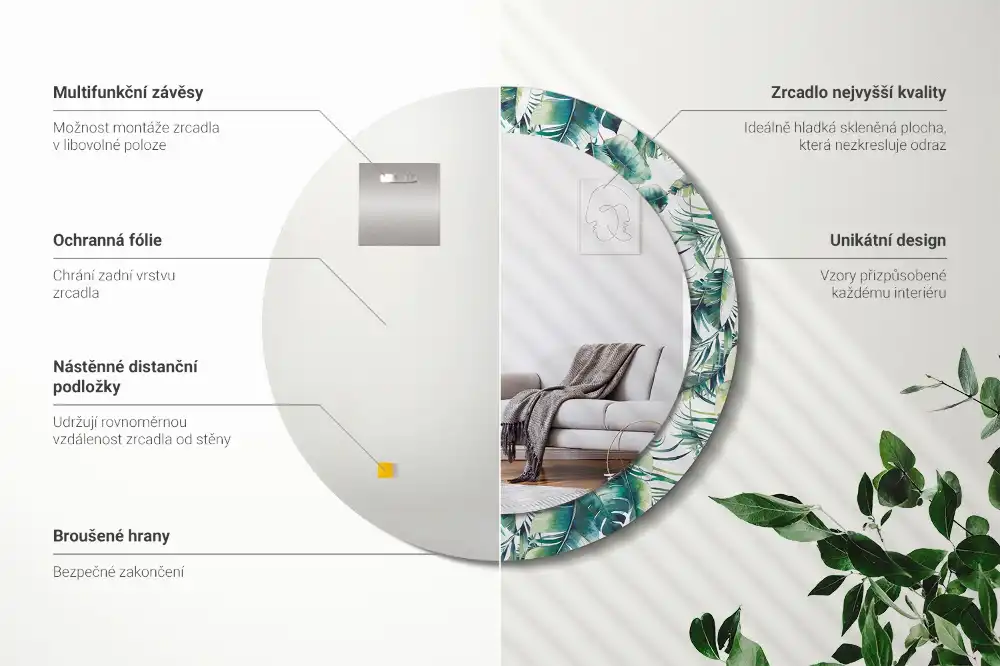 Miroir rond cadre avec impression feuilles