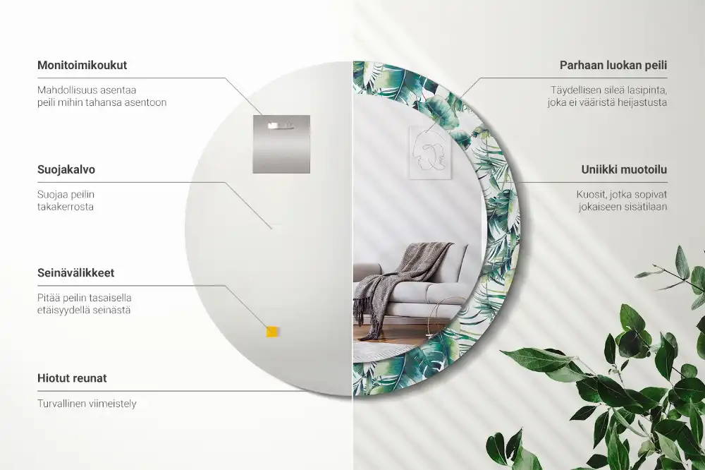 Miroir rond cadre avec impression feuilles