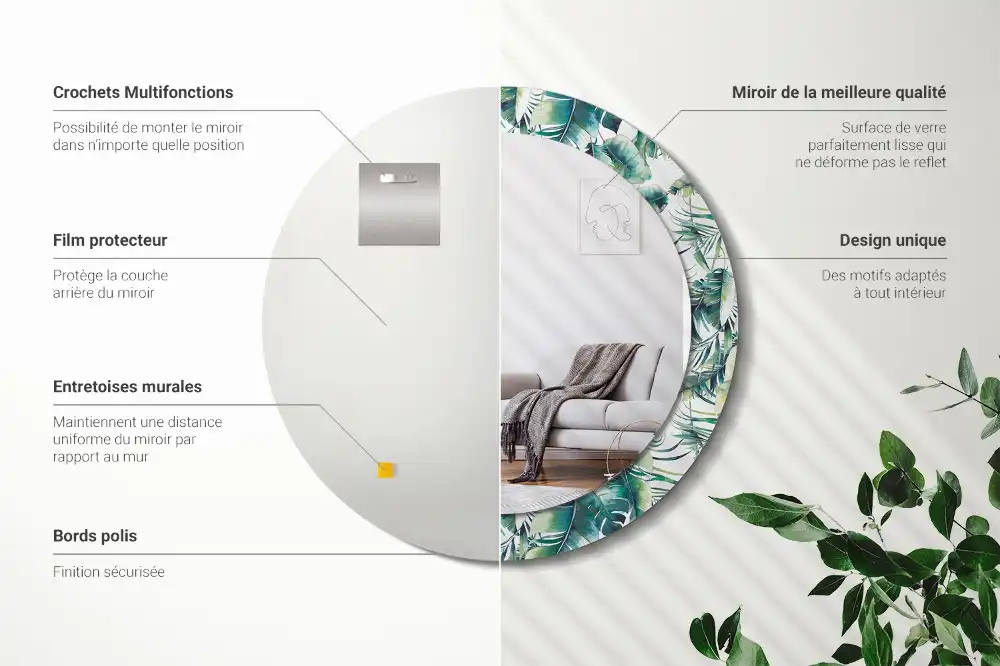 Miroir rond cadre avec impression feuilles