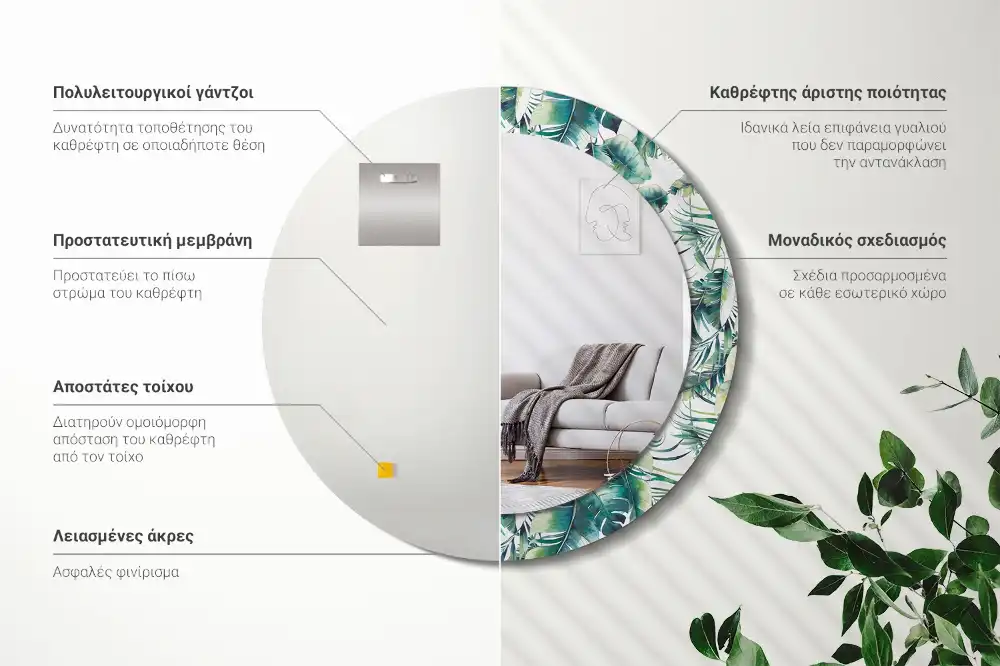 Miroir rond cadre avec impression feuilles