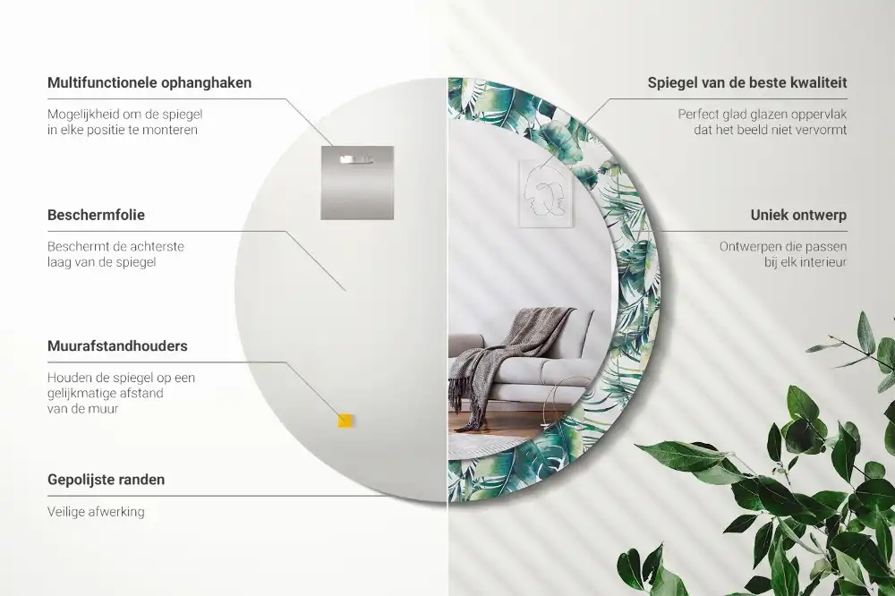 Miroir rond cadre avec impression feuilles