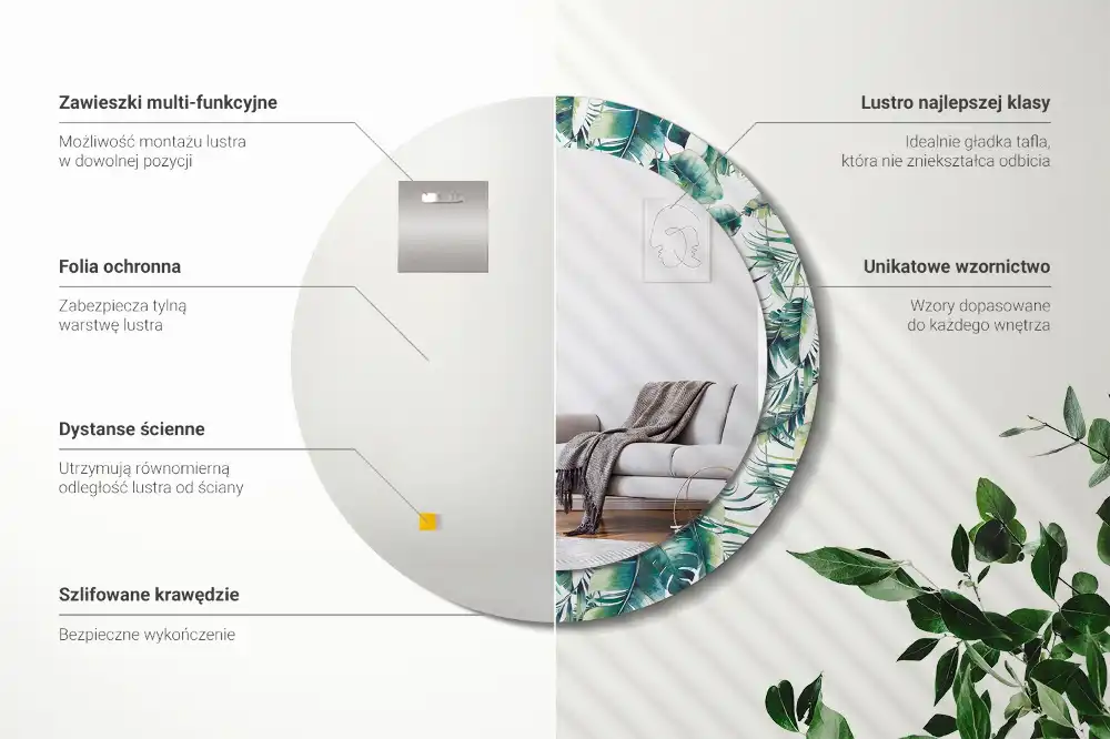 Miroir rond cadre avec impression feuilles