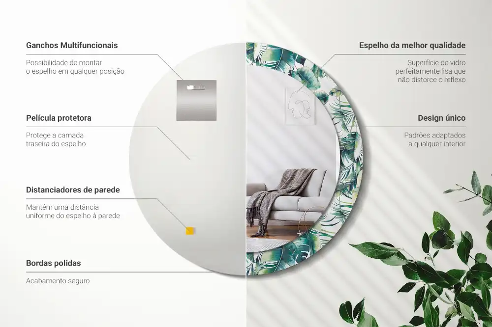 Miroir rond cadre avec impression feuilles